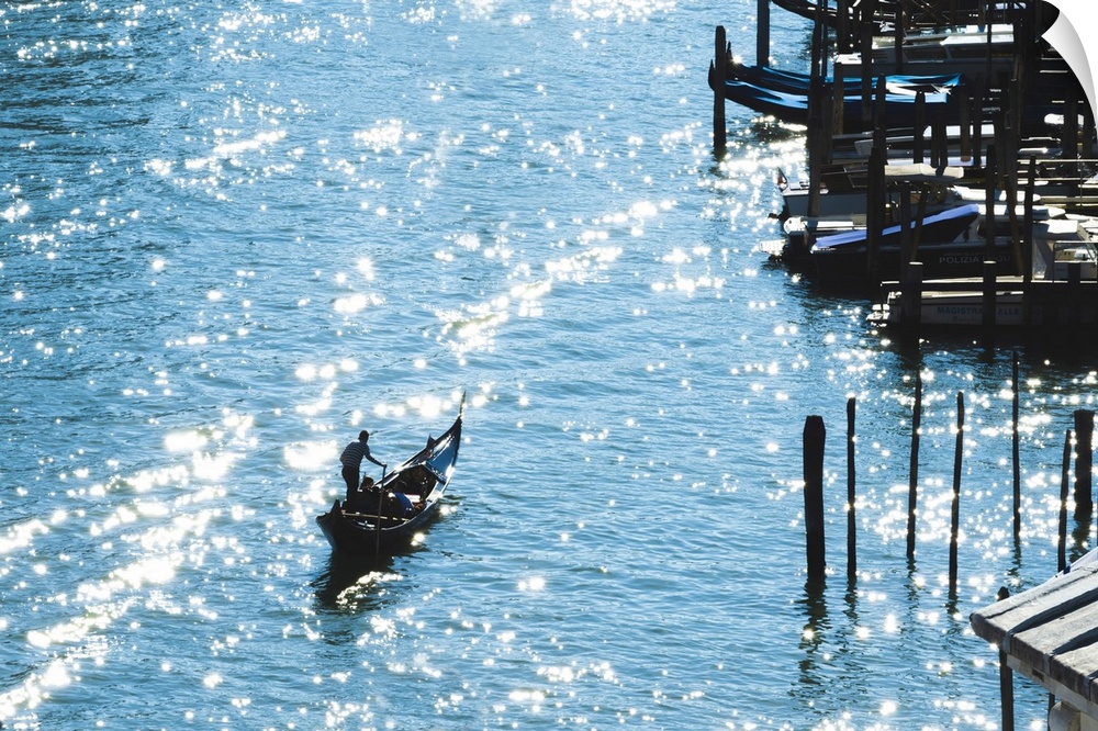 Venice, Veneto, Italy, Gondola rowing along the Canal Grande.