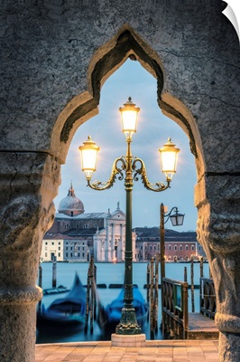 Venice, Veneto, Italy. St Mark's Waterfront And San Giorgio Maggiore At Dusk.