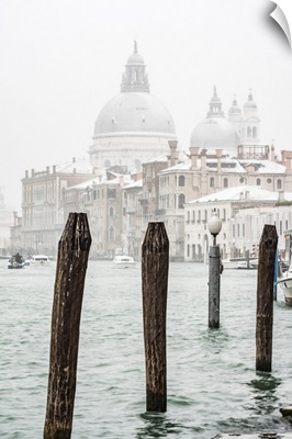 Venice, Veneto, Italy. St Mary Of Health Basilica Under A Snowfall.
