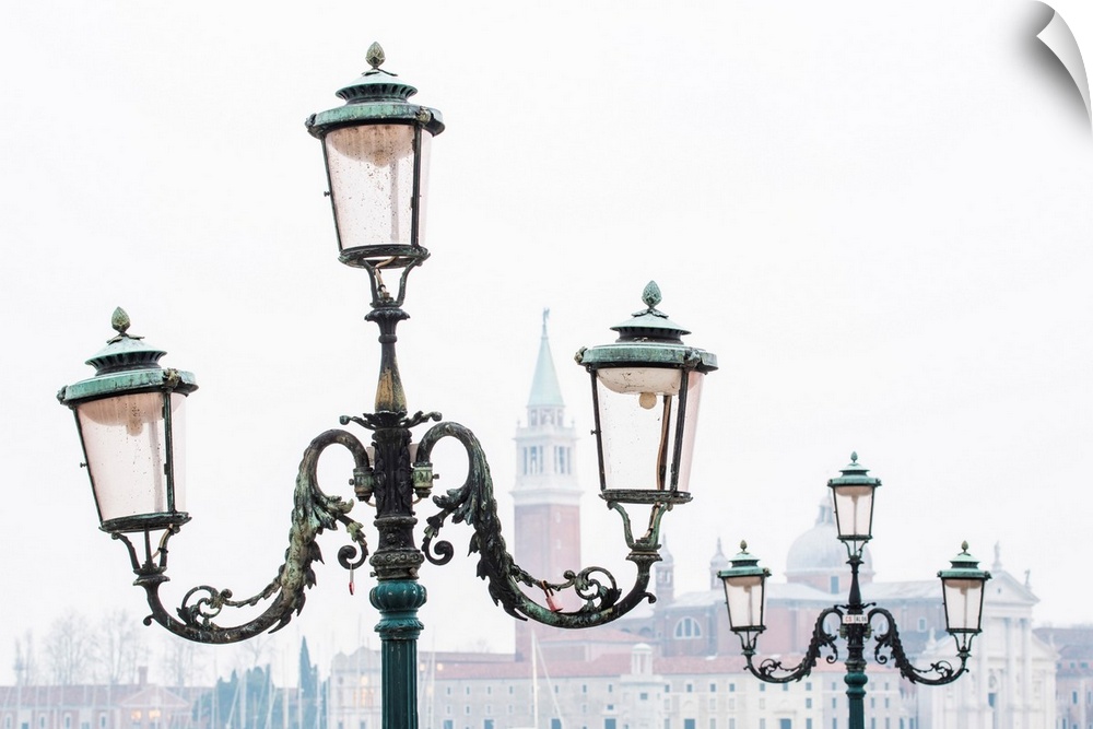 Venice, Veneto, Italy. Typical Street Lamps And San Giorgio Maggiore In A Misty Morning.