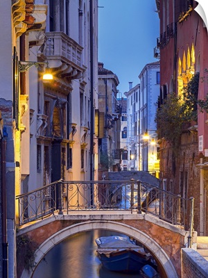 Venice, Veneto, Italy, View over a bridge and a canal at dusk