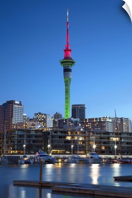 Viaduct Harbour and Sky Tower at dusk, Auckland, North Island, New Zealand