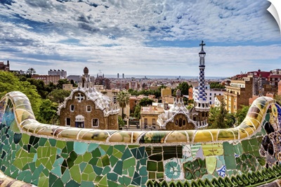 View from Parc Guell towards city, Barcelona, Catalonia, Spain
