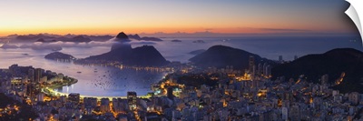 View of Sugarloaf Mountain and Botafogo Bay at dawn, Rio de Janeiro, Brazil