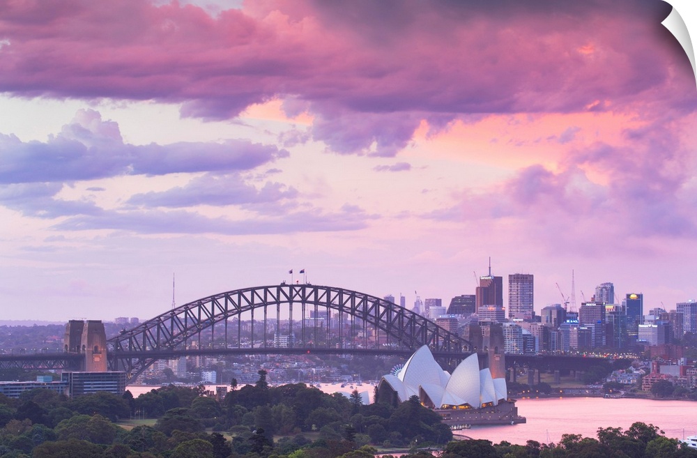 View Of Sydney Harbour Bridge And Sydney Opera House At Sunset, Sydney, New South Wales, Australia