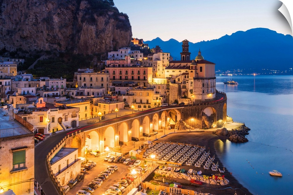 Atrani, Amalfi Coast, Salerno Province, Campania, Italy-View Of The Small Village Of Atrani During The Blue Hour.
