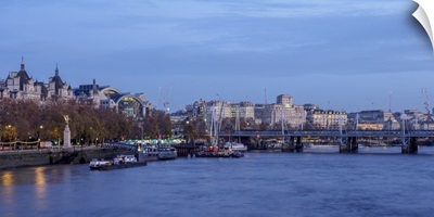 View over River Thames towards Hungerford Bridge and Charing Cross Station, London