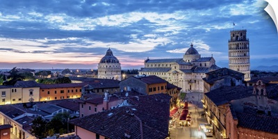 View Over Via Santa Maria Towards Cathedral And Leaning Tower At Dusk, Pisa, Italy