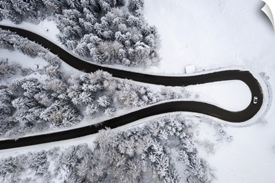 Winding Road Of The Presolana Pass After A Winter Snowfall, Lombardy, Italy