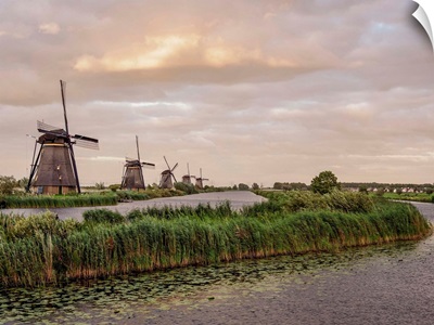 Windmills In Kinderdijk At Sunset, South Holland, The Netherlands