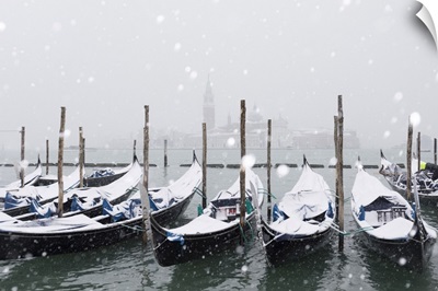 Winter Snowfall With Gondolas And The San Giorgio Maggiore Church, Venice, Italy