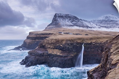 Wintry conditions at Gasadalur on the island of Vagar, Faroe Islands, Denmark