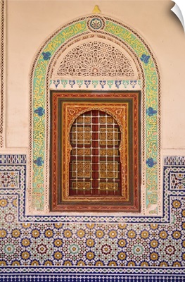 Wood carving and stucco work in a window at the Zaouia Naciri, Morocco
