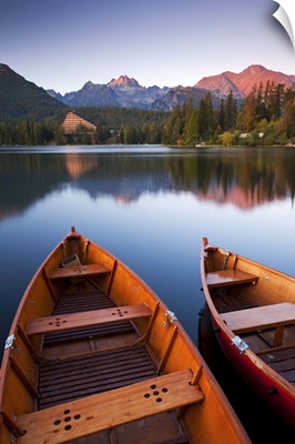 Wooden boats on Strbske Pleso lake in the Tatra Mountains of Slovakia