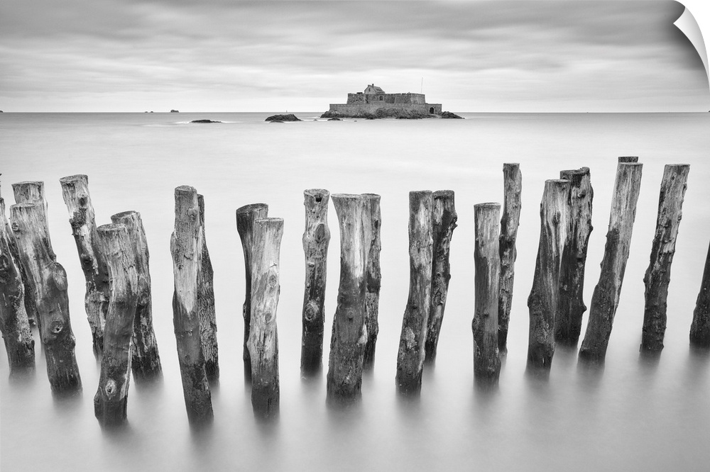 Wooden Sea Defence And Fort National At High Tide, St. Malo, Ille Et Vilaine, Brittany, France