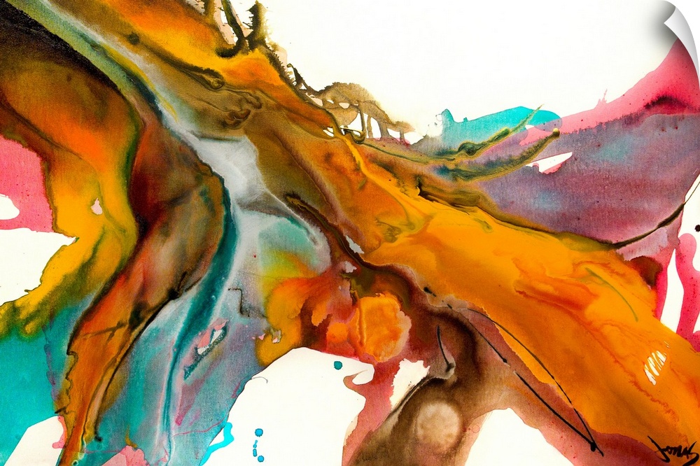 A horizontal abstract painting of torrent of colors splattering on a canvas.