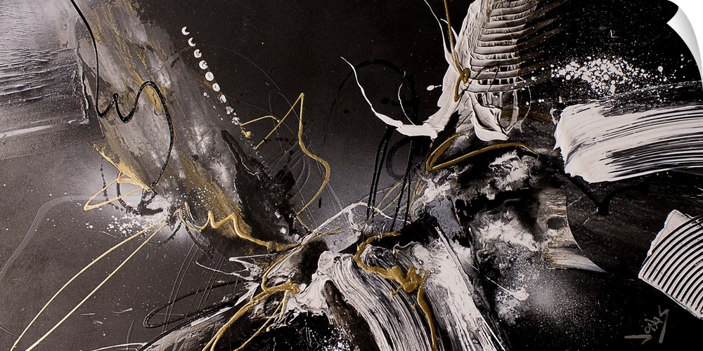 Contemporary abstract painting using neutral black and gray colors with hints and splashes of gold.