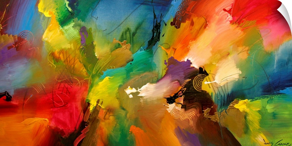 A large abstract painting displaying a multitude of colors and a variety of different textures.