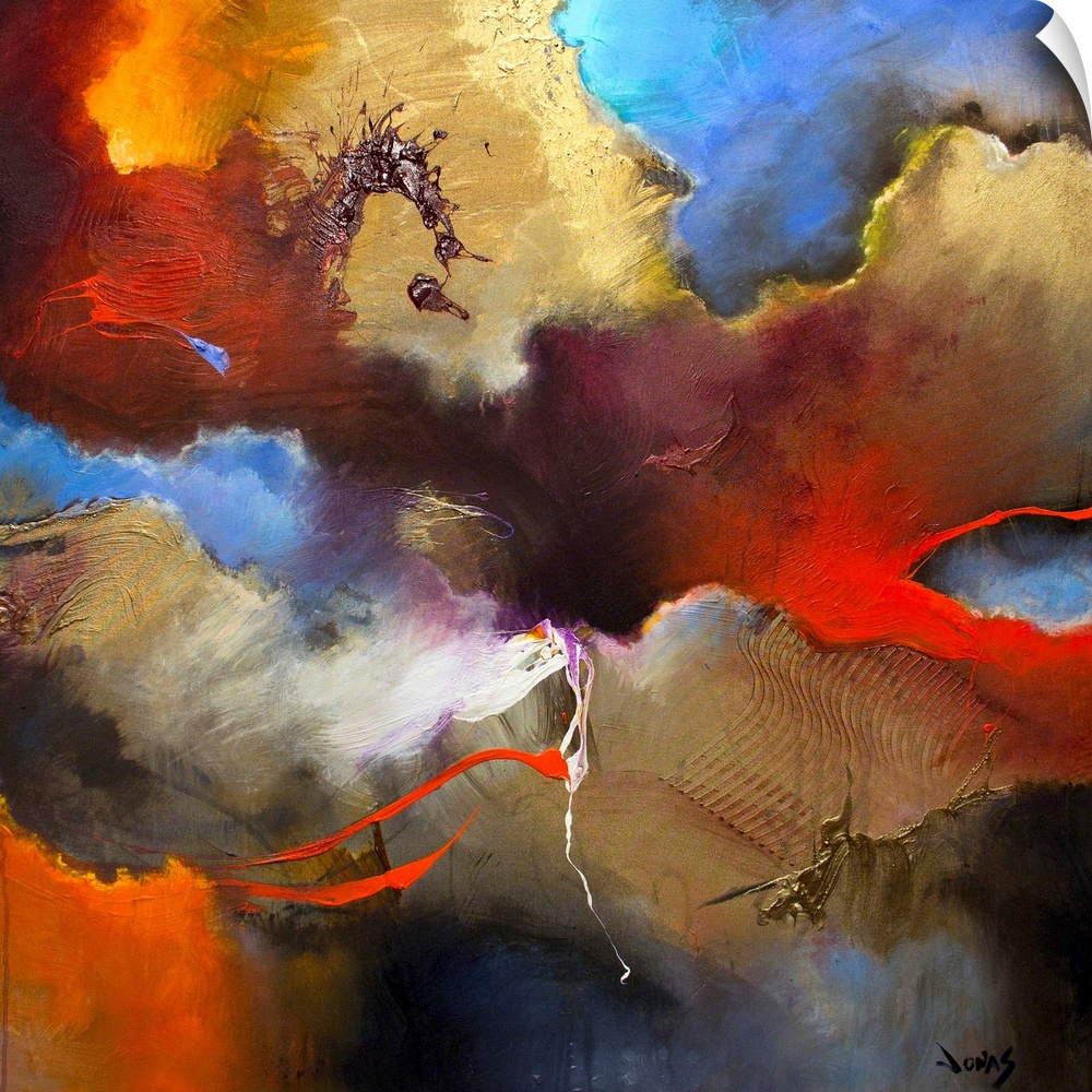 Abstract artwork that uses various colors in cloud shapes across this square print.