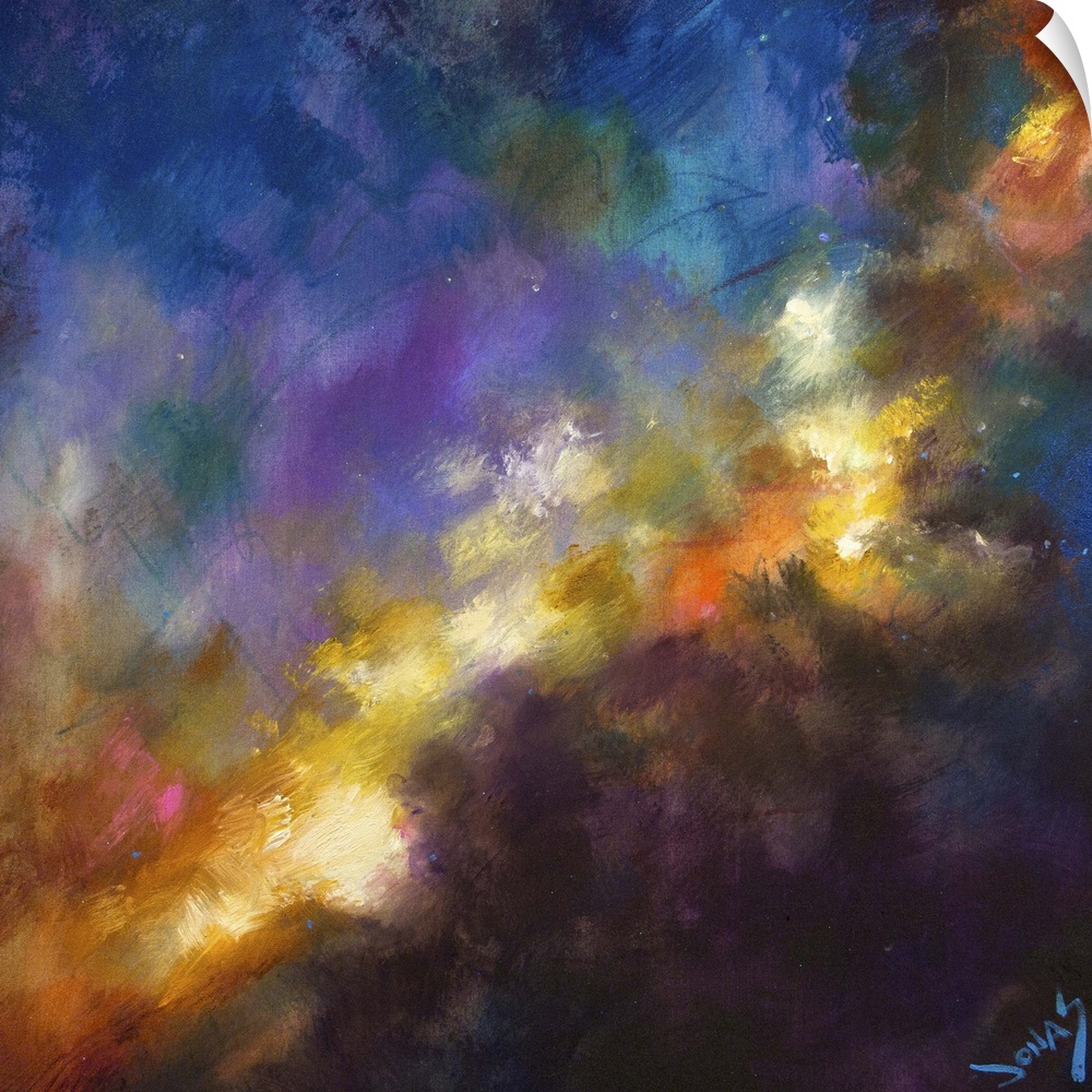 Contemporary abstract painting using wild and vivid colors resembling a nebulae.