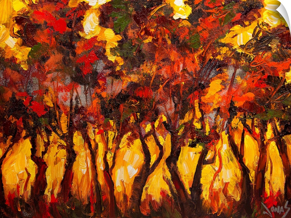 Contemporary artwork for the home or office of trees that have various colors painted for leaves and a golden background.