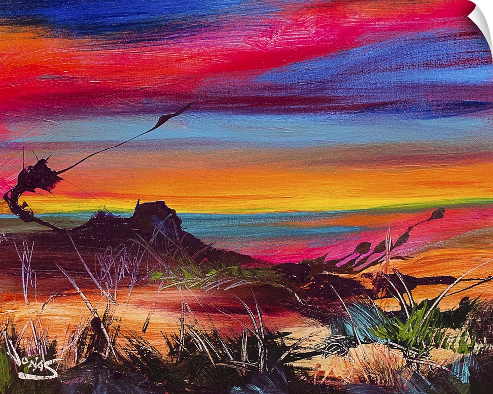 Contemporary painting using a wide range of color of a desert landscape under sunset sky.