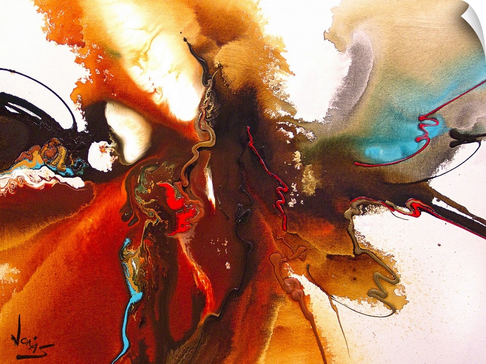 Contemporary abstract painting using warm earthy tones with splashes of cool tones converging toward the center of the ima...