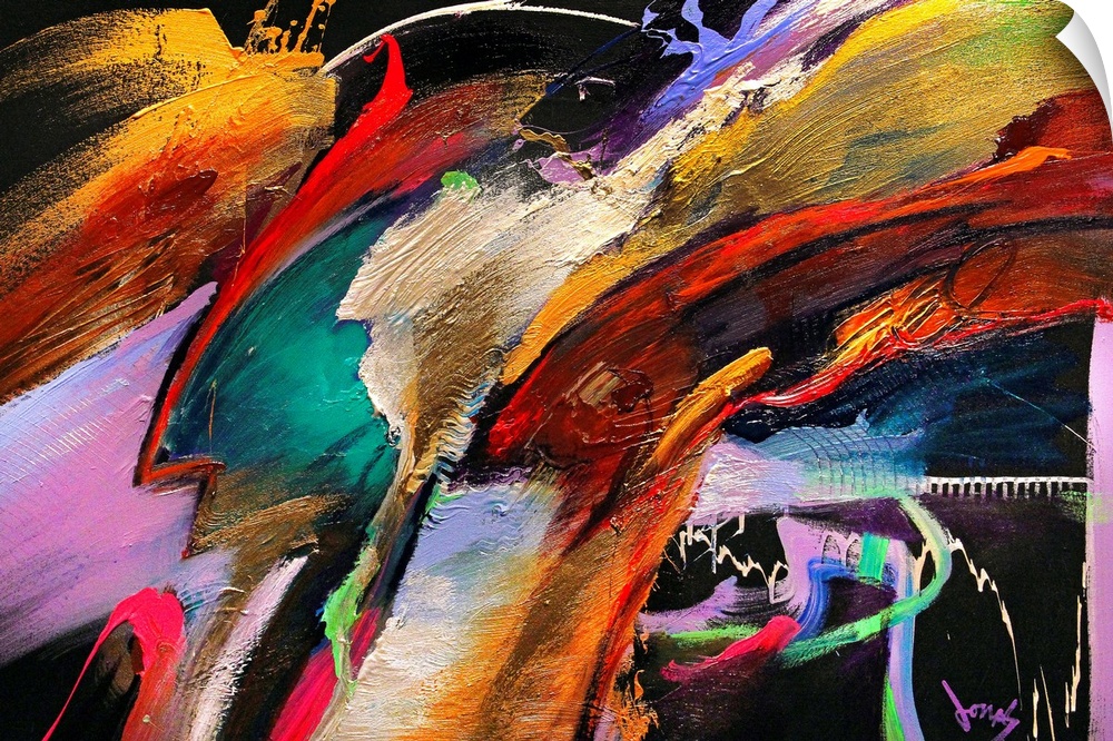 Modern abstract artwork of a clash of color streaks.