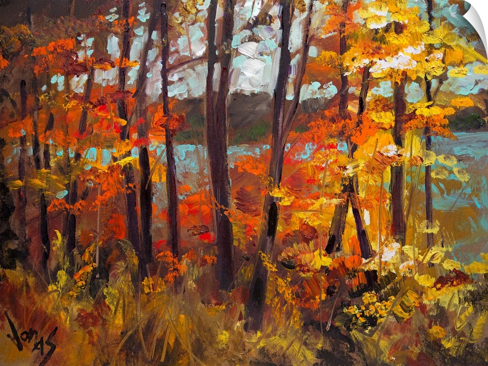 Large, horizontal painting of fall colored trees creating a wall in front of a lake in the background.  Painted with short...