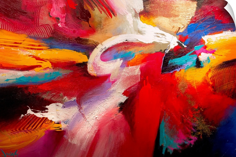 An energetic abstract painting made with thick paint textures and broad brush strokes.