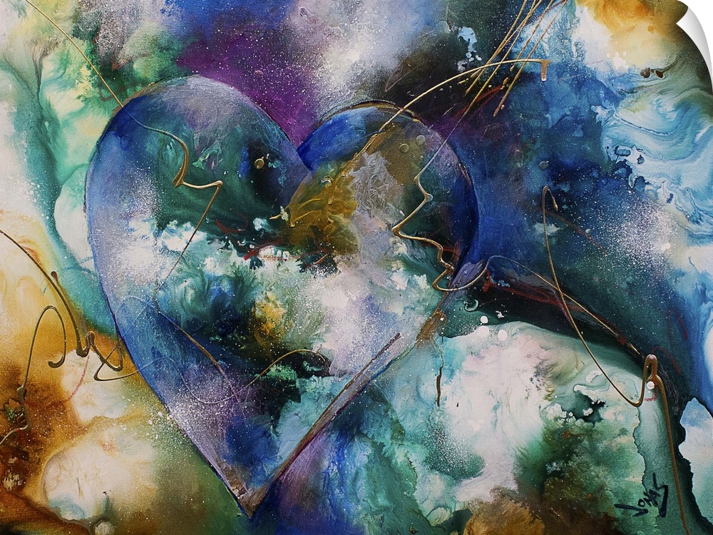 A contemporary abstract painting using a wide range of blue and green tones with a gold outline of a golden heart.