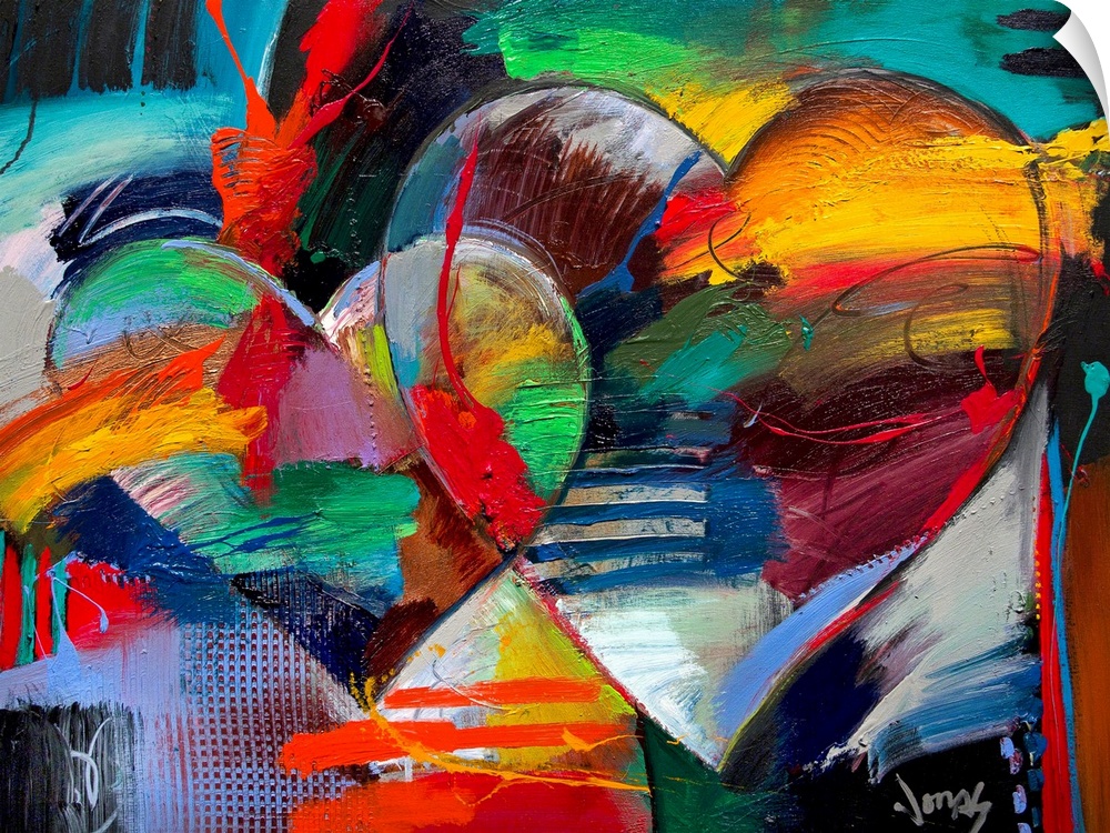 Colorful abstract painting of two linking hearts.