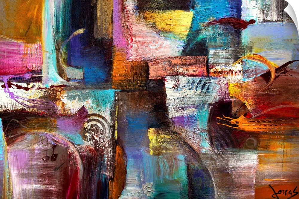 Large abstract painting of different patches of color with grungy paint texture.