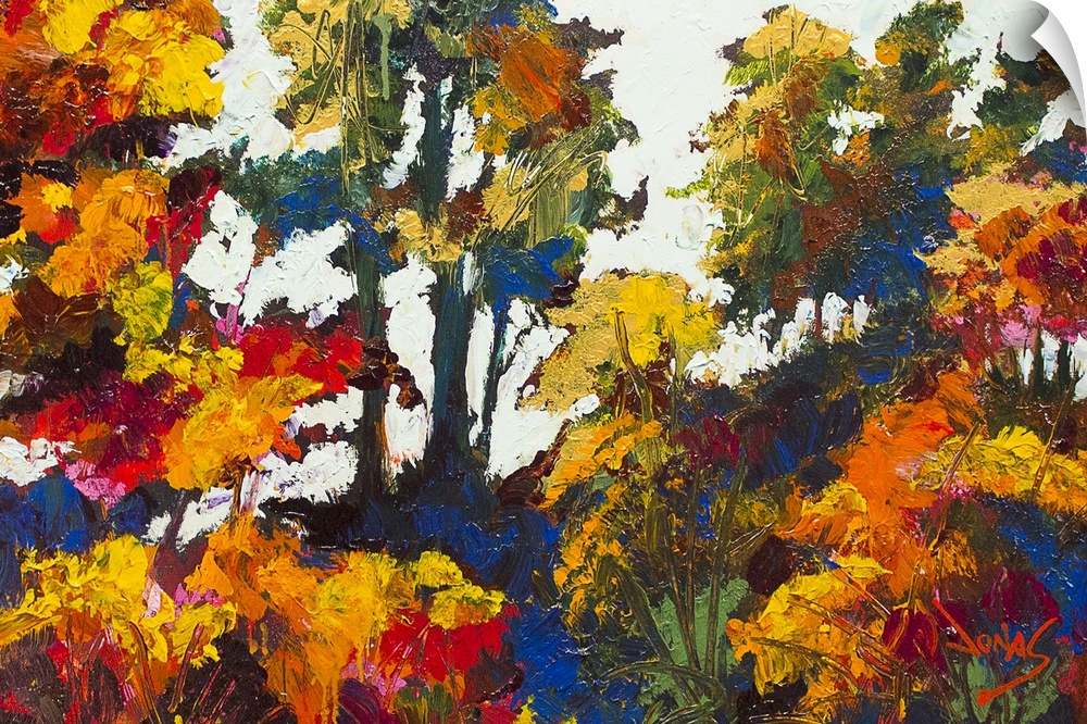 Contemporary painting of a forest in autumn foliage.