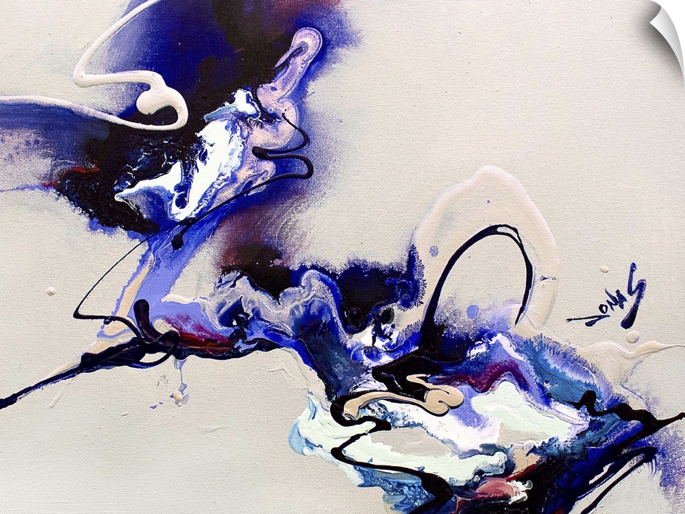 A contemporary abstract painting of a converging of deep purple and blue tones against a neutral background.