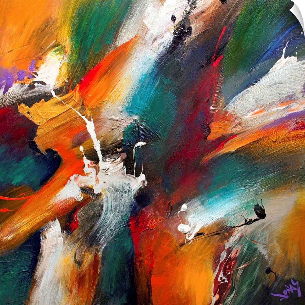 Colorful abstract painting by Jonas Gerard with strokes and splatters of bright colors.