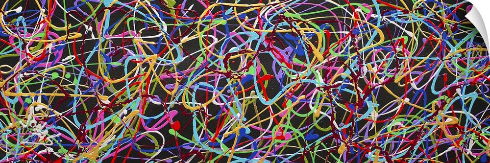 A contemporary abstract painting of a very busy interlocking web of neon colors in thin string-like strokes.