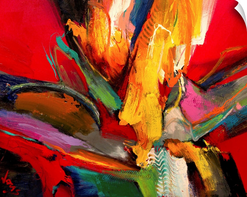 A frenzy of color and motion this abstract painting becomes truly awe inspiring as an oversized wall art print.