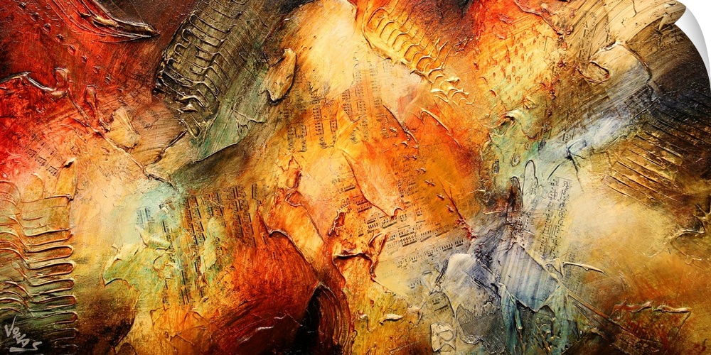 Abstract painting of broad warm toned strokes layered over top of each other making raised textures in certain areas.