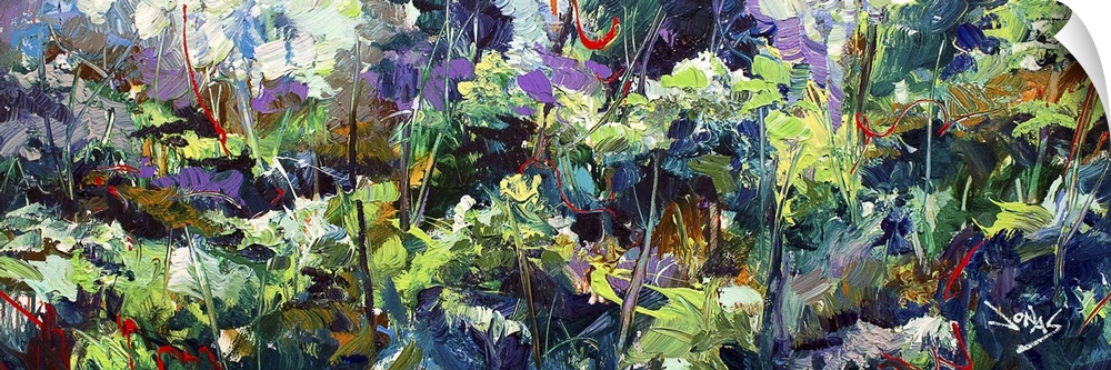 A contemporary abstract painting of a forest scene in vibrant green and purple tones.