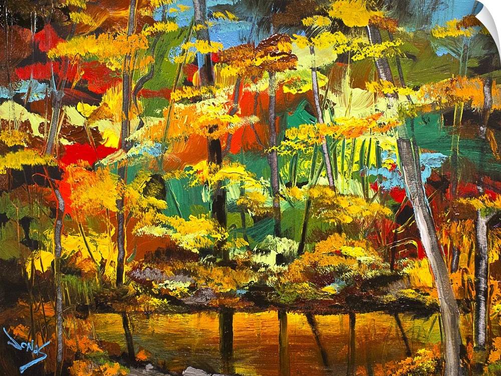 A contemporary painting of a forest scene using vibrant colors of autumn.