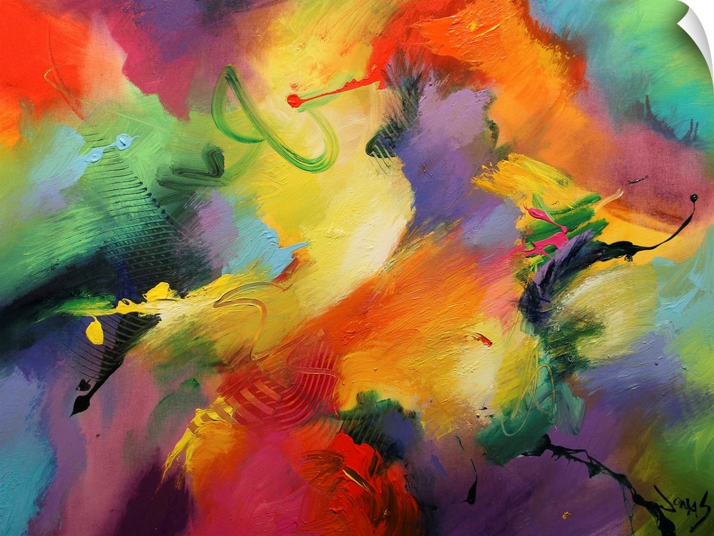 A wild abstract painting of vivid colors blended together on horizontal wall art.