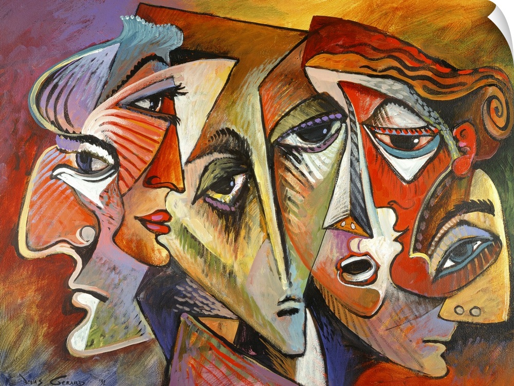 Contemporary, figurative art of multiple faces clustered together created by abstract lines and angles so that they appear...