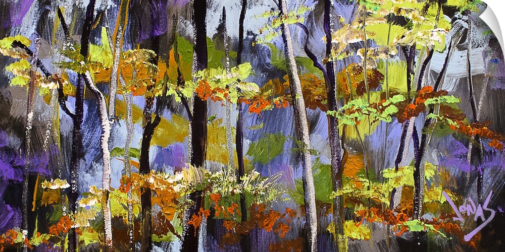 Contemporary painting of a forest with tones of purple seen through the trees.