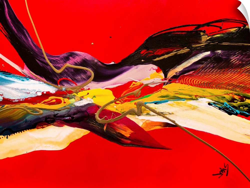 A contemporary abstract painting of a fluid motion of color and texture against a red background.