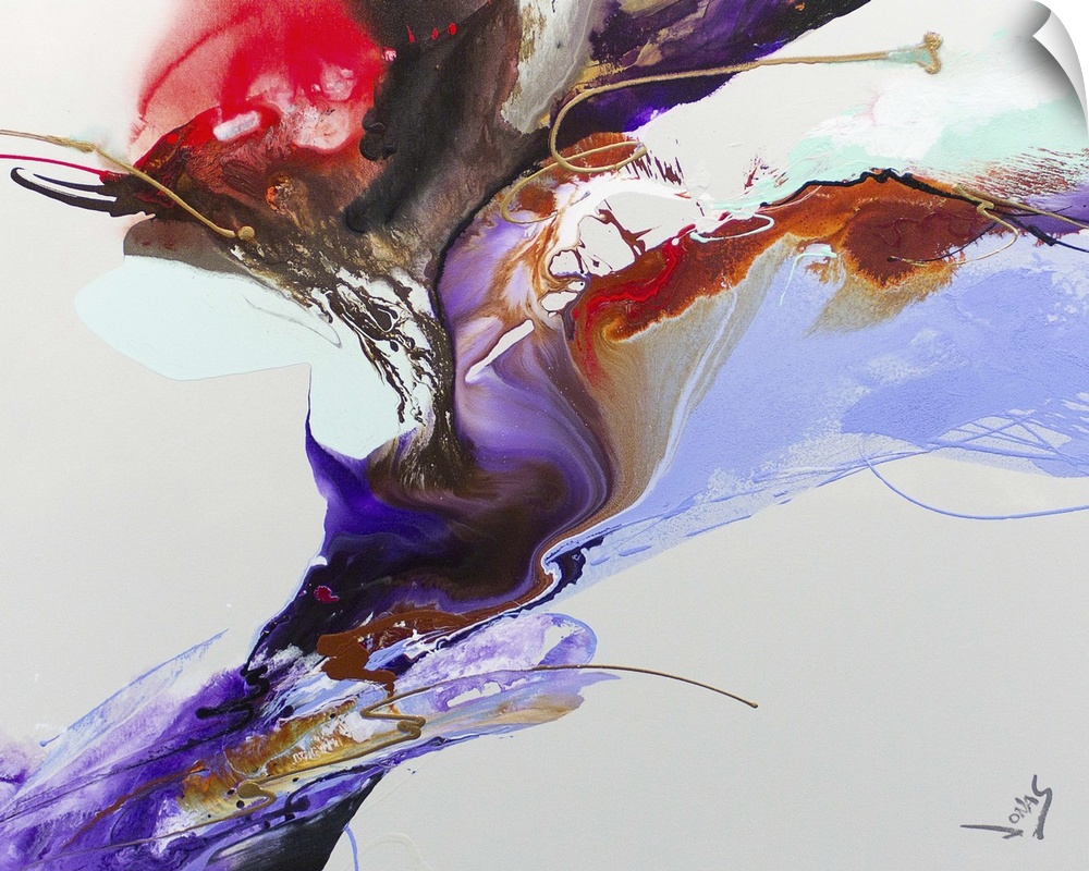 A contemporary abstract painting using purple and red tones in motion of fluidity against a light gray background.