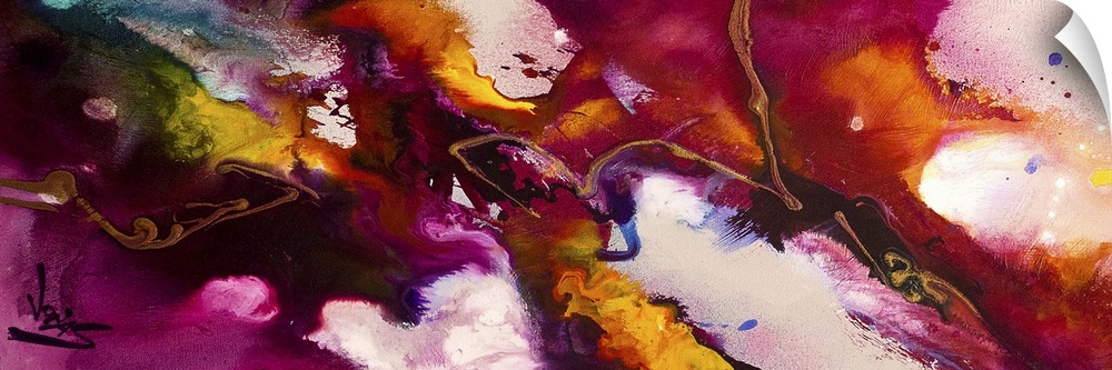 Contemporary abstract painting using vibrant red and pink tones with blotches of white spots.
