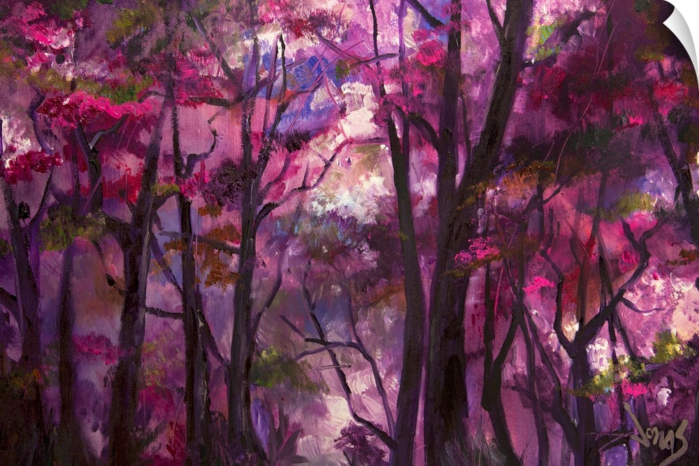 Contemporary painting of a shadowy forest with light beaming through branches full of deep purple leaves.