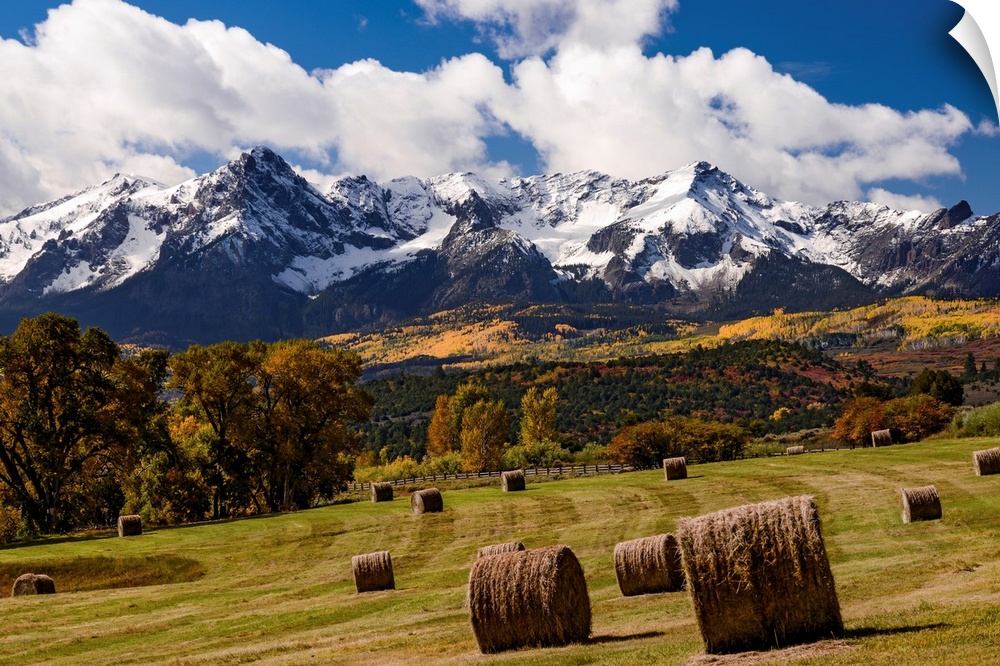 Grazing land at the foot of snow covered mountains and rustic autumn trees in a landscape photograph.