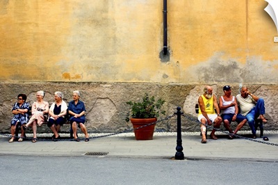 Italian Men and Women Relax On A Lazy Afternoon; Cinque Terre, Riomaggiore, Italy